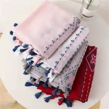 

J1330 Korean version cotton and linen scarf female winter literary and artistic long style enlarged broken flower shawl spring