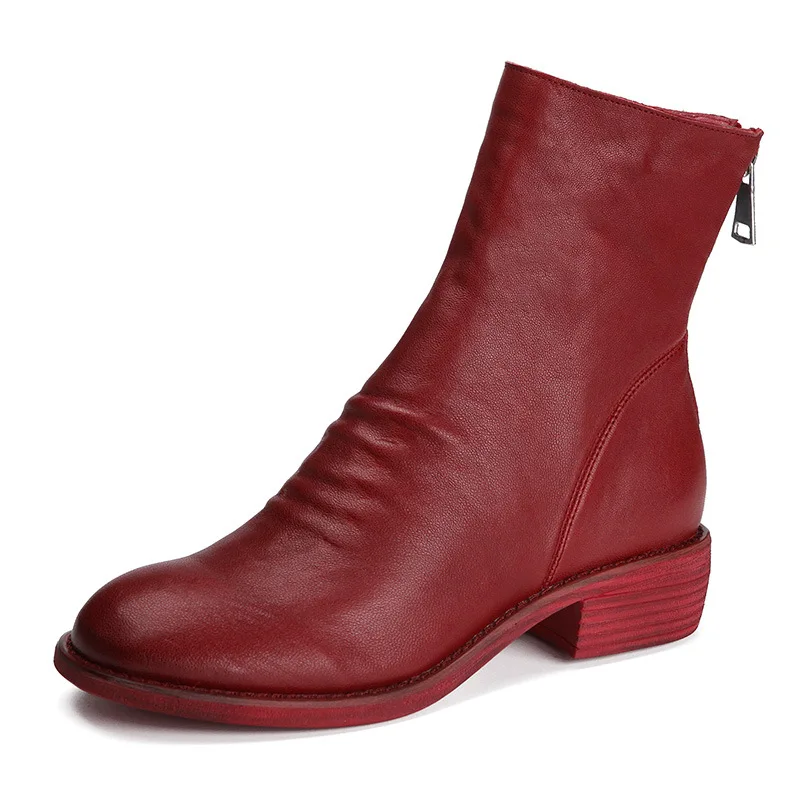 Red Women Mid Calf Boots Leather Sheep Shoes Autumn Women Martin Boots Shoe Handmade Genuine Leather Boot Women Height Increasing186 - Color: Red
