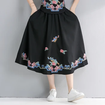 

KYQIAO vintage long black skirts womens autumn spring Mexico style ethnic long embroidery a-line midi skirt