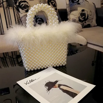 

Faux Fur Pearl Evening Bag Women Hand Woven Panelled Beaded Tote Purses And Handbags Female Cute Shoulder Bag Dinner Party New