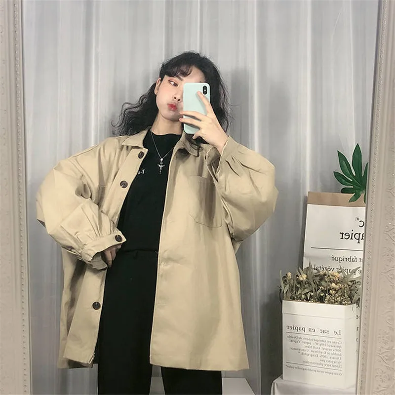 Осенняя Свободная Женская куртка большого размера уличная Harajuku куртка-бомбер Студенческая BF пальто негабаритная куртка базовое однотонное пальто с капюшоном