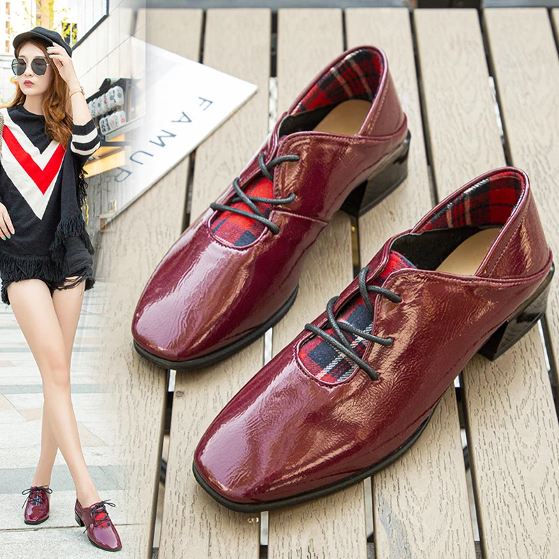 

2019 Women Shoes Autumn Low Heels Patent Leather Ballet Flats Square Toe British Style Oxfords Women's Casual Female Sneakers