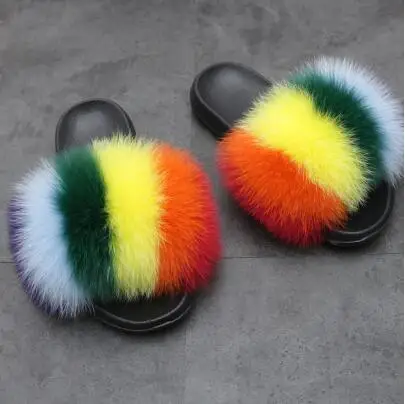 slippers Набор тапочек с натуральным лисьим мехом для женщин и женские сандалии с мехом цвета радуги яркие прозрачные сумочки и сумочки в комплекте женская меховая обувь - Цвет: slippers