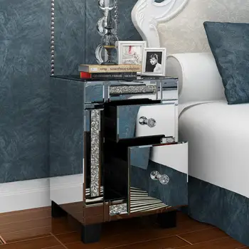 

High-end Nordic Bedside Table Venetian Mirrored Glass with Drawers Glass Handles Mirror Bedroom Nightstand