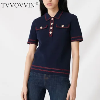 

TVVOVVIN NEW Fashion Womens Summer Knitting Pullovers Geometric Short Sleve Girl Female T Shirt Tops N005
