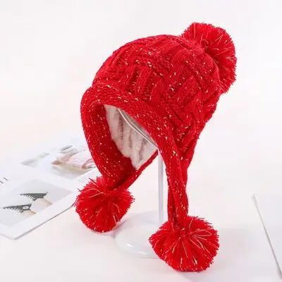 Новинка, вязаная шапка с большими помпонами, зимняя модная женская бархатная шапка, плотная шапка Skullies, женская шапка - Цвет: red
