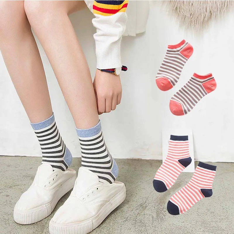 

5 pairs Women's Short Socks Candy Color Stripes Low Cut Ankle Sock Summer Spring Girl harajuku Simple Cotton Casual Socks