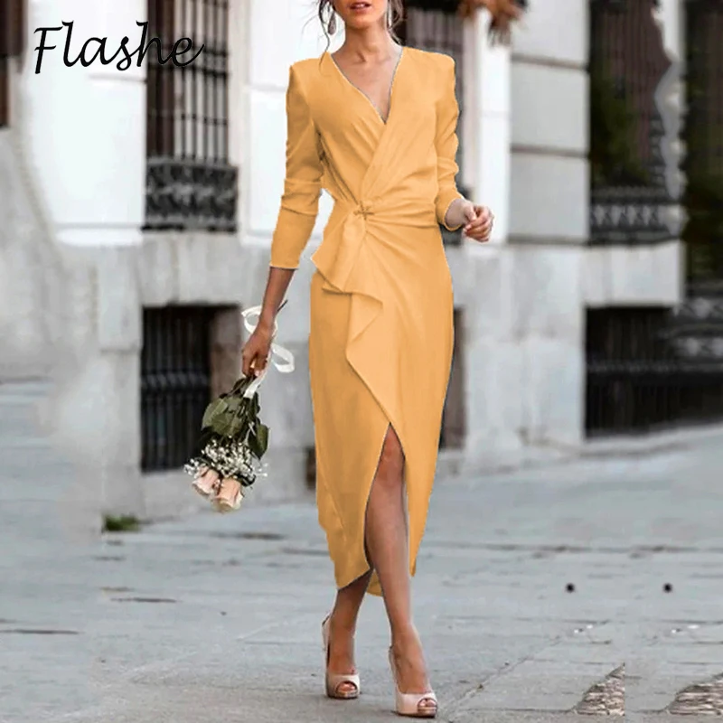 

Womens Autumn Elegant Long Dress 2021 Fashion Long Sleeve Ladies Solid V Neck Vestidos Casual Dresses For Women Party Dress