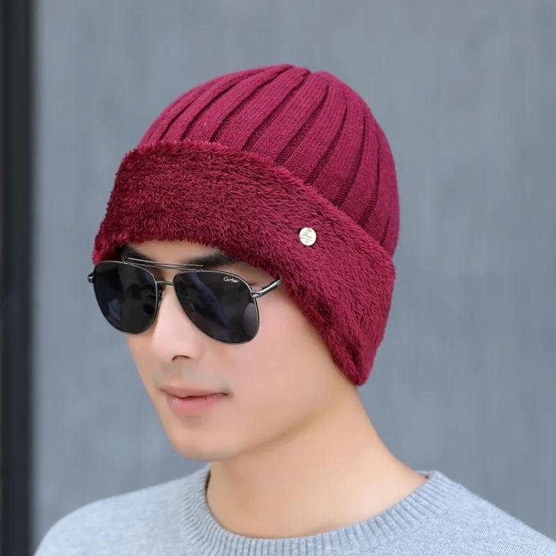 SUOGRY High Quality Winter Hats For Fashion Knitted Hat Scarf Warm Cap Thick Fur Hat Beanie Cashmere Wool Male Beanie - Цвет: Hat red