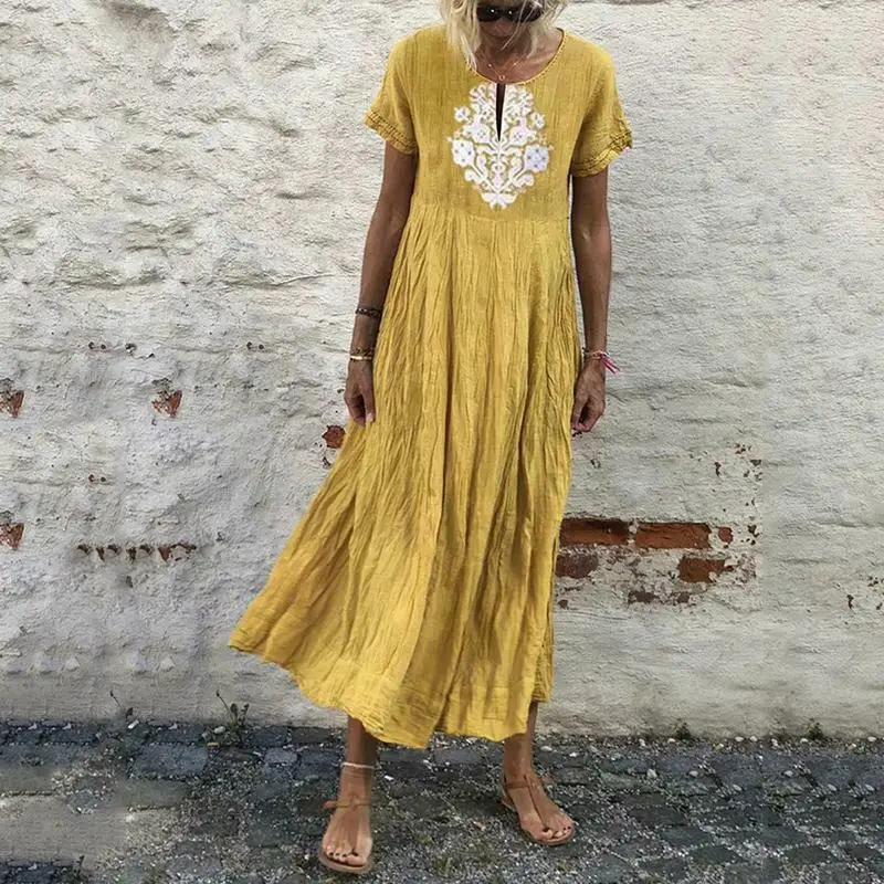 

Women Peasant Ethnic Boho Cotton Linen Long Sleeve Maxi Dress Gypsy Blouse Shirt Casual Kaftan Tunic Long Maxi Sundress