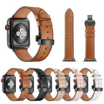 

Butterfly Clasp buckle Band Leather Strap for Apple Watch 4 5 44mm 40mm 42mm 38mm Watchband for iWatch Series 3 2 Bracelet Belt