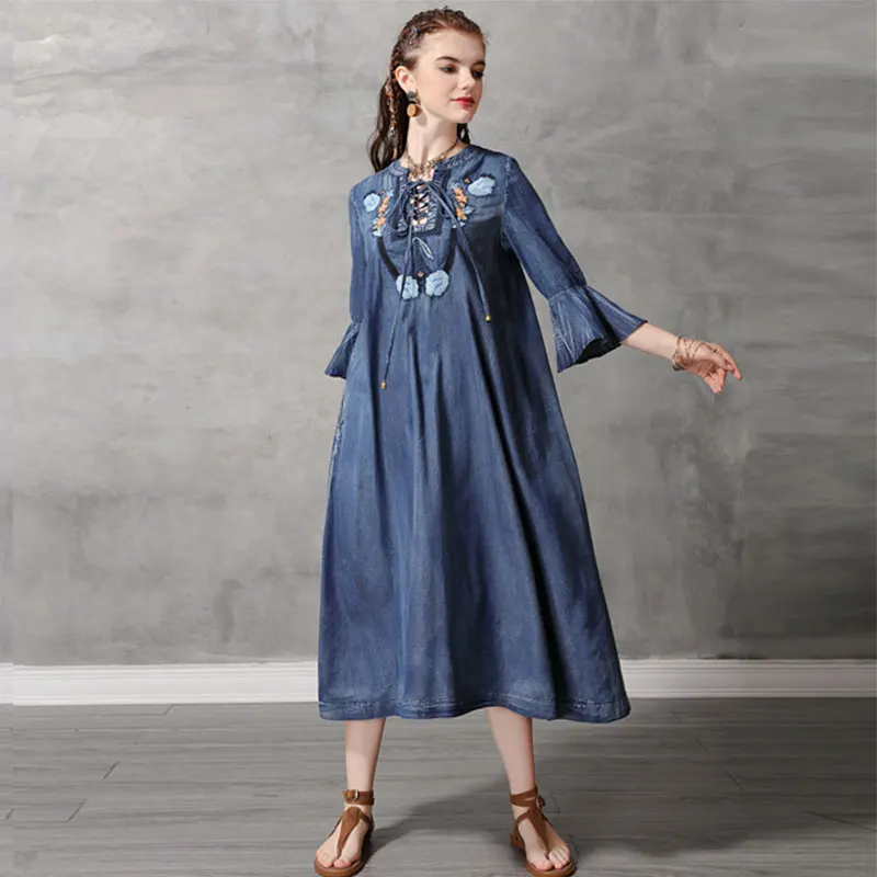 Bohemian denim tunic blue cotton autumn national flower embroidery dress a long dress with loose flared sleeves vestido