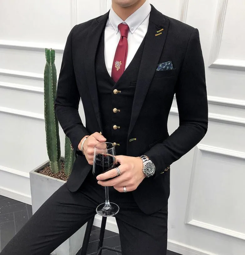 

3 Pieces(Jacket+Pants+Vest) Handsome Black Mens Formal Suits Tuxedos Blazers Suits Peak Lapel Custom Made Best Men Grooms