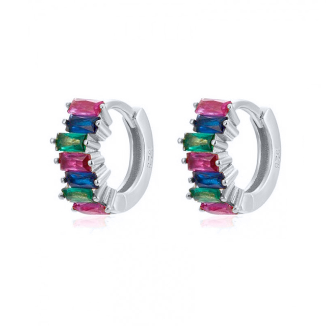 925 Sterling Silver Colored Crystal Hoop Earrings Collection Rainbow Zircon Mosaic Charm Circle Huggie Earrings Jewelry