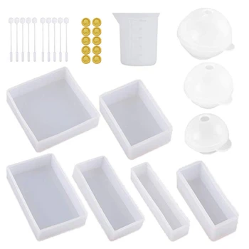 

Resin Molds for Crafts, 9 Pack Silicone Resin Mold Kit for Casting Epoxy Resin UV Resin, Include Square, Rectangle, Ball Molds,
