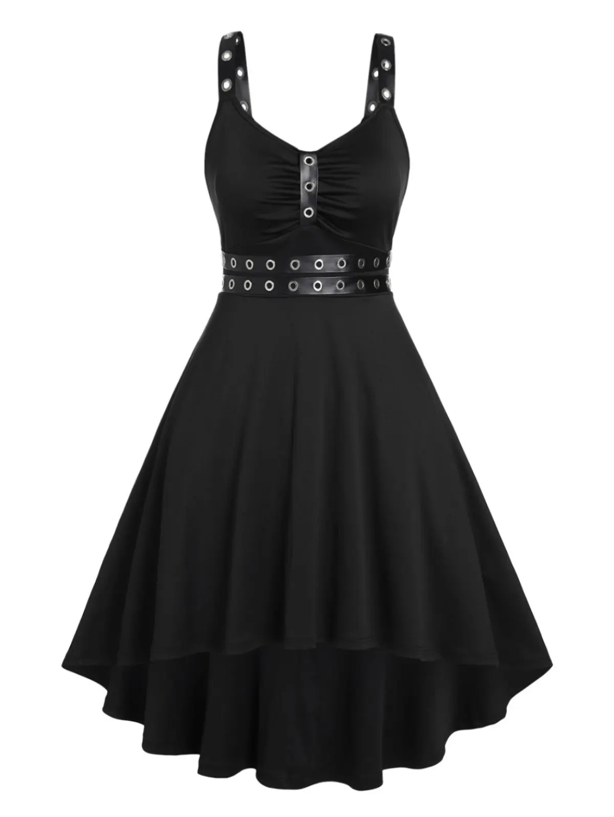Eyelets Ruched High Low Punk Dress Lace Up A Line Gothic Harajuku Vintage Summer Sleeveless Party Casual | Женская одежда