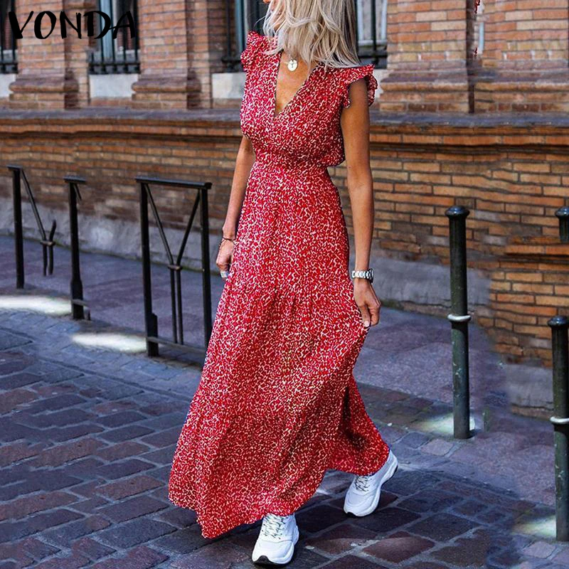 VONDA Bohemian Summer Dress 2022 Sexy V Neck Sleeveless Vintage Floral Printed Long Maxi Dresses Beach Holiday Vestido | Женская одежда