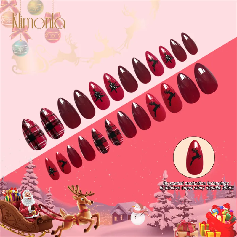 

24Pcs Red Design Christmas Fake Nails Stiletto Tips Full Cover UV Gel Elk Pattern Faux Press on Nail Care Beauty False Nails