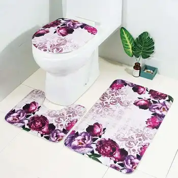 

3Pcs/Set 3D Purple Flower Pattern Absorbent Bathroom Carpet Non-Slip Pedestal Floor Rug Lid Toilet Seat Cover Bath Mat