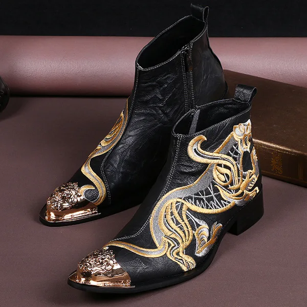 

New Short Boots Lace up High Top Cow Leather Shoes Martin Boots Botas Hombre Crocodile Business Pointed Toe Ankle Work & Safety