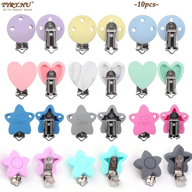 Tyry. hu 10 pçs/set coração redondo silicone chupeta clipe bpa livre manequim clipes mamilo chupeta corrente diy acessórios