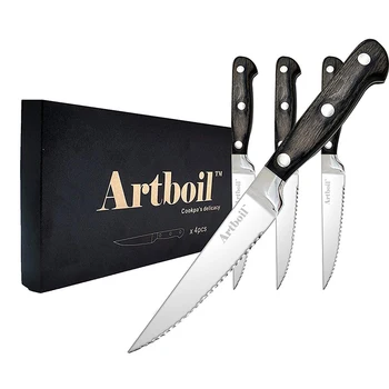 

Steak Knives Set of 4 - Premium Clean Cut Serrated Steak Knife Stainless Steel - Pakka Wood Full Tang Handle