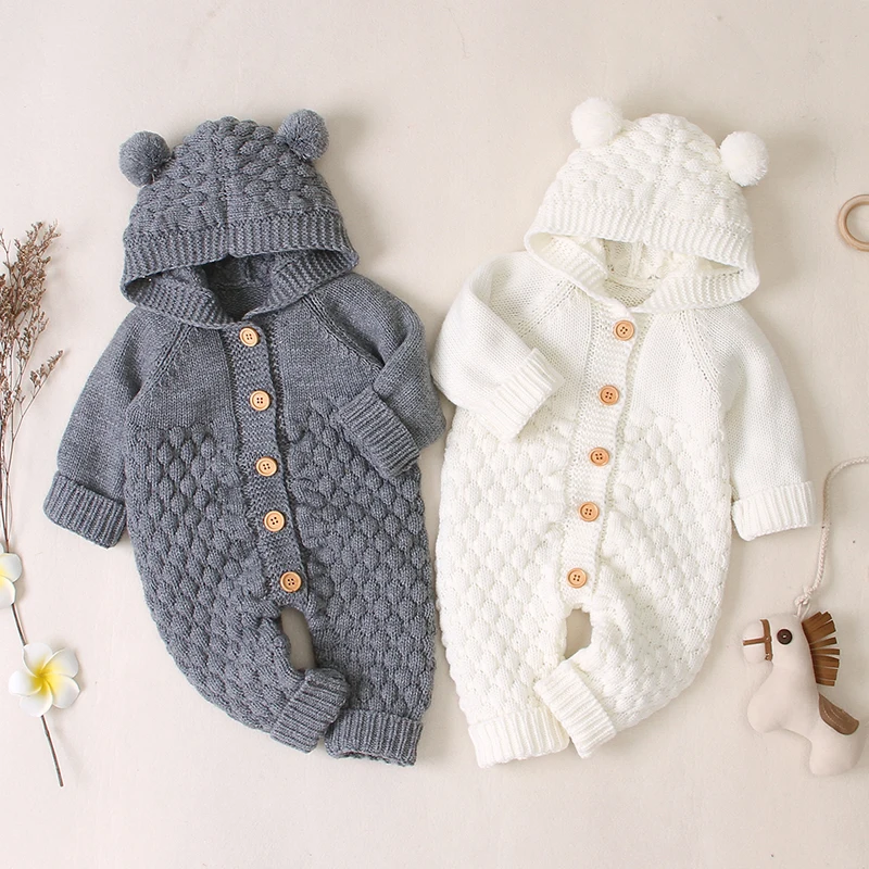 Goedkoop Herfst Baby Baby Meisjes Lange Mouw Gebreide Solid Print Hoodie Rompertjes Trui Kinderen Jongens Jumpsuit
