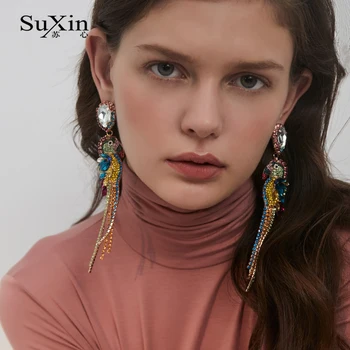 

SuXin 2020 new temperament earrings for woman color parrot long artificial rhinestone pendant earrings to send girlfriend gift