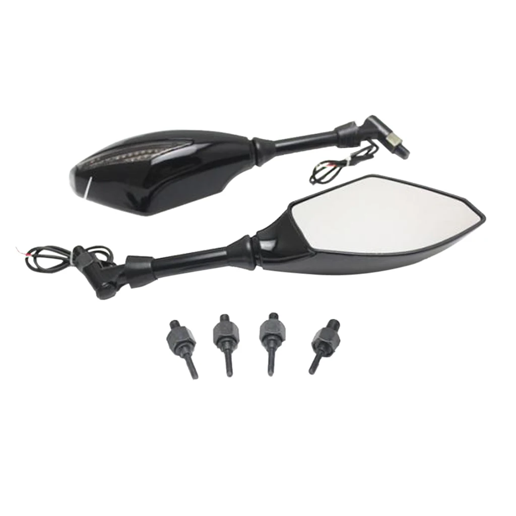 1 Pair Motorcycle Side Mirrors With LED Turn Indicator Light 8mm/10mm Adapters Plastic Shell