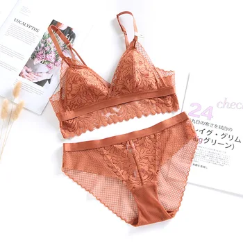 

French Vintage Lace Thin Cotton Lined Triangle Bra and Panty Set Underwear Women Deep V Plunge Sexy Wireless Backless Lingerie