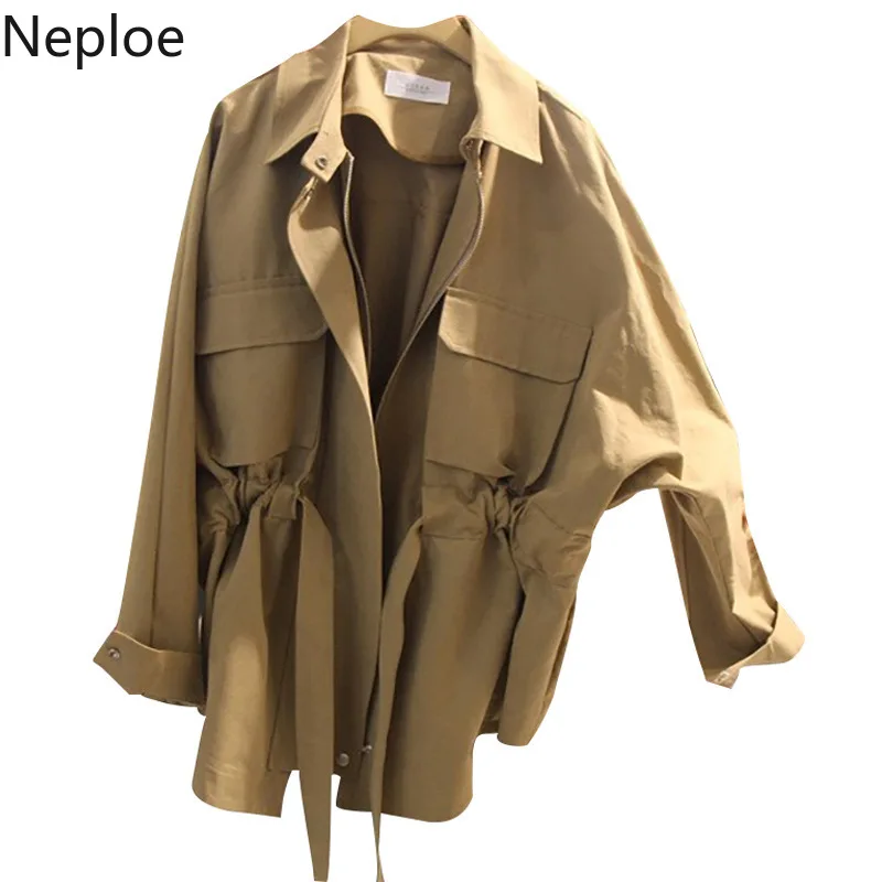Neploe/Корейский Осенний тонкий приталенный короткий Тренч со шнуровкой, ropa mujer, с отложным воротником, свободного кроя, однотонный Тренч Moda Feminino 46236