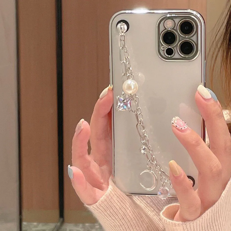 Elegant Bling Crystal Wrist Chain Phone Case with 6D Plating Pearls
