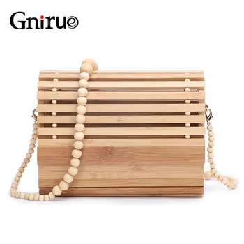 

New Fashion Women Handmade Woven Bamboo Handbags Wood Beaded Chains Women Shoulder Bag Summer Beach Bags Casual Clutch Purses