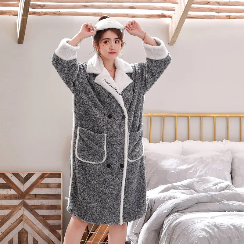 gray Women Winter Pajamas Thickening Coral Fleece Nightgown Embroidered 1 Piece Cardigan Flannel Bathrobe Sleepwear Nightwear - Цвет: gray