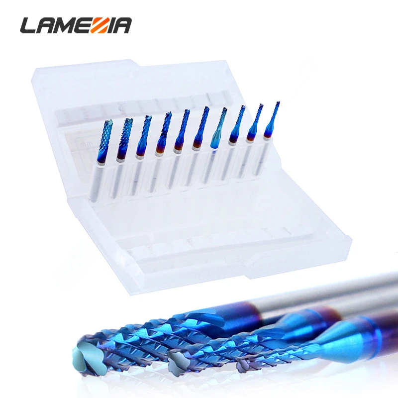 

LAMEZIA 10pcs Micro Engraving Machine Milling Cutter Kit Carbide Steel Blue Coating Drilling Bit Set Portable Power Tools Parts
