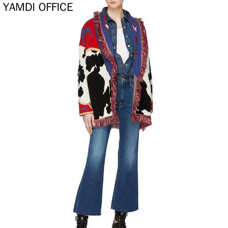 YAMDI осень зима женский свитер кардиган Хлопок Вышитая Шаль лацкан печати цветочный богемный толстый джемпер вязаный свитер