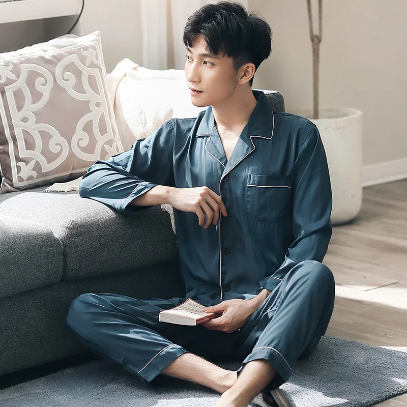 

Летняя полосатая Пижама для мужчин, мужская одежда для сна с длинным рукавом, атласная Шелковая пижама, одежда для сна из искусственного шелка, домашняя одежда, пижамы для мужчин PJ