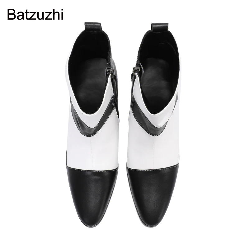 Batzuzhi British Style New Men Shoes Pointed Toe Black White Genuine Leather Boots Ankle Men for Knight/Party and Wedding, 38-46