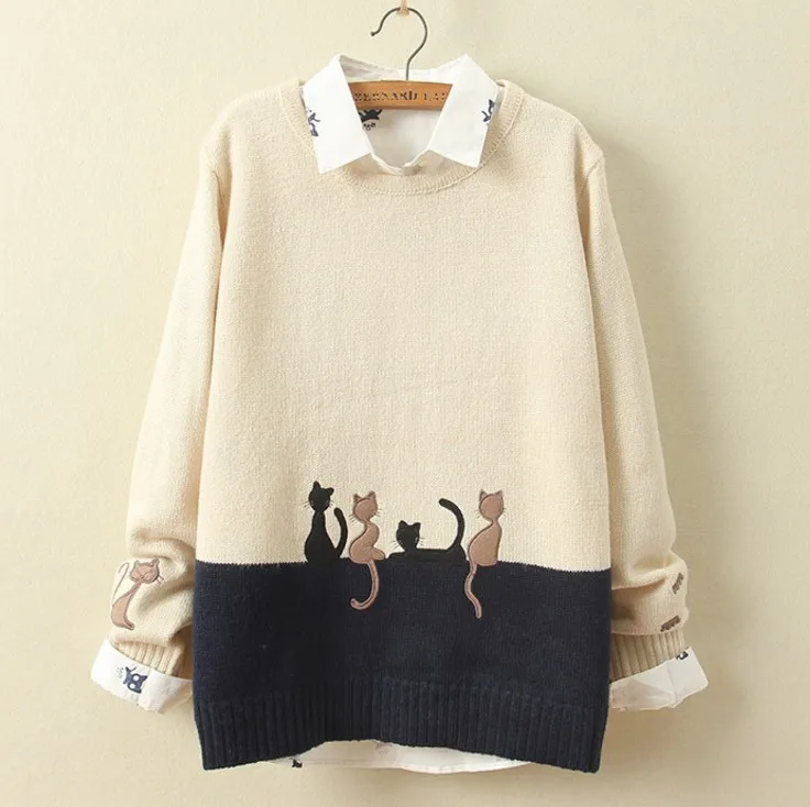 Четыре цвета кошки свитер свободного кроя зимний женский | Женская одежда