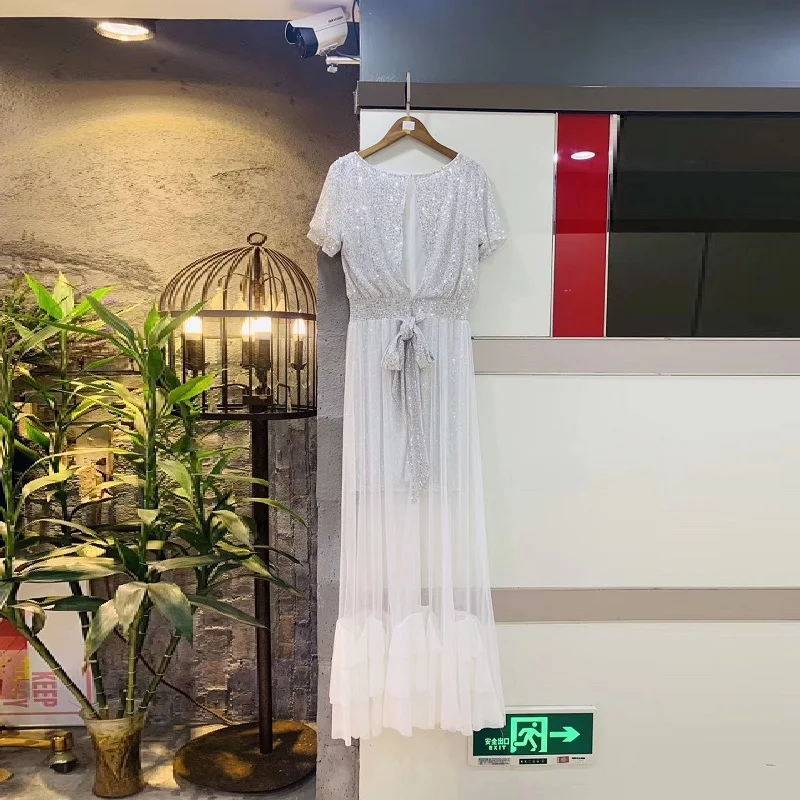 Серебряная Мода блестками шифон макси Vestidos женский элегантный вокруг шеи короткий рукав знаменитостей тонкие длинные платья для вечеринок