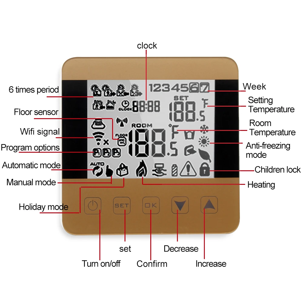  Touch Screen Bedroom Thermostat Electric Floor Heating Temperature Controller Work with Amazon Echo - 4000117091568