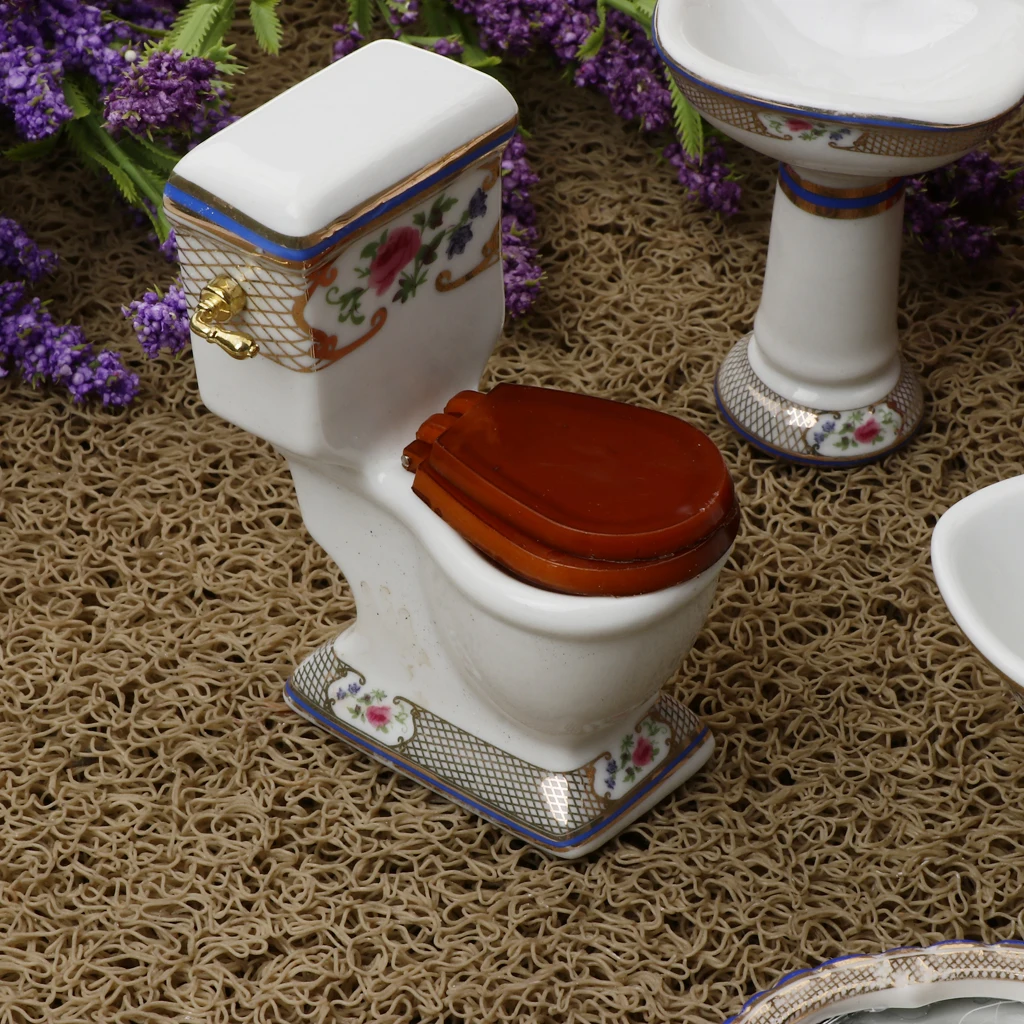 1/12 Dollhouse Miniature Bathroom Furniture Kits Flower Pattern Bathtub and Toilet Set