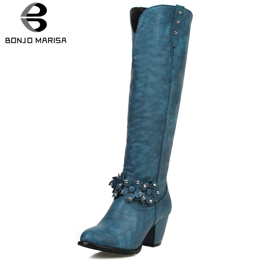 

BONJOMARISA 2019 New Plus Size 34-48 Trendy Retro Western Boots Ladies Decorating Knee High Boots Women High Heels Shoes Woman