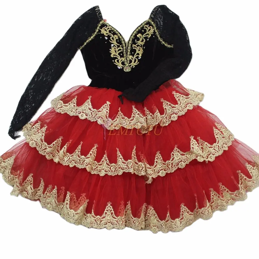 Black Red Ballet Long Tutu Dress Spanish Kitri Romantic Tutu Don