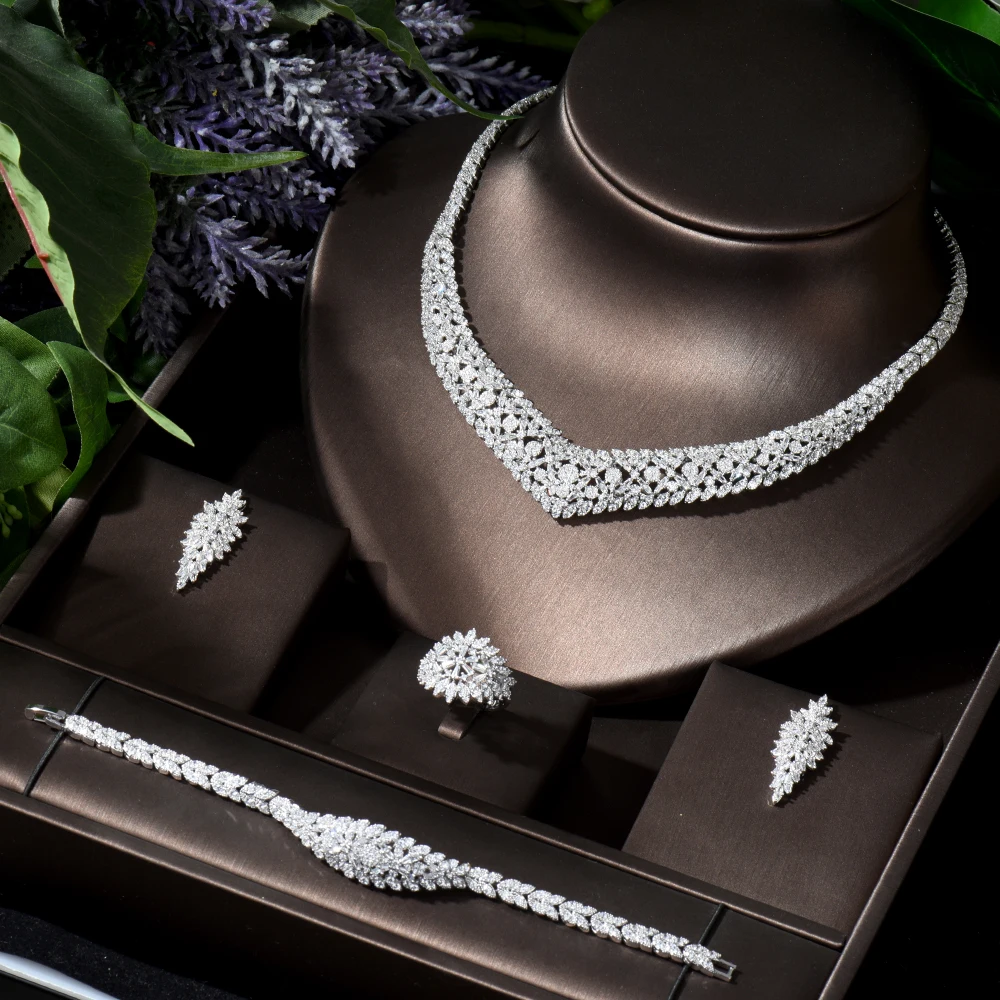 

HIBRIDE Fashion 4pcs Geometric Design Necklace and Earring Sets for Women Bridal AAA Cubic Zirconia Wedding Jewelry Sets N-838