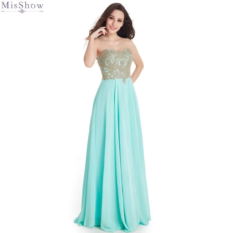 Mint Green Chiffon Long Evening Dress 2019 Strapless Sleeveless Formal Party Gown Elegant Gold Applique robe de soiree | Свадьбы и