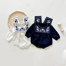 Monos de algodón para niñas, monos de cuello de marinero con bordado de flores, ropa para niños de otoño, nueva moda