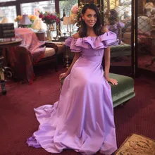 

YiMinpwp Lilac Prom Dresses Off Shoulder Sweep Train Ruffles Long Formal Evening Party Gowns Special Occasion Dress