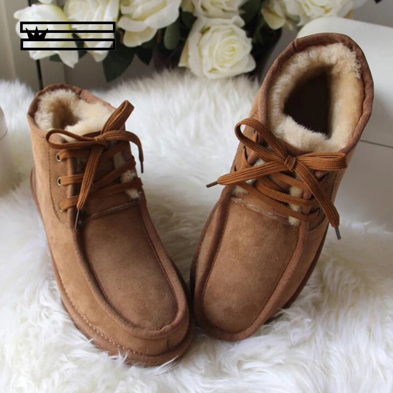 

SHUANGGUN Fashion snow boot for men lace-up winter shoes real sheepskin leather nature wool fur ankle short boots free shipping