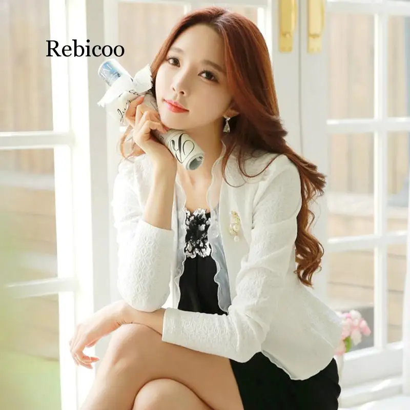 Spring Autumn Women Blazer White Mesh Bordered Ruffled Slim Single Button Short Blazer Long Sleeve Jacket Coat Outwear - 4.00064E+12